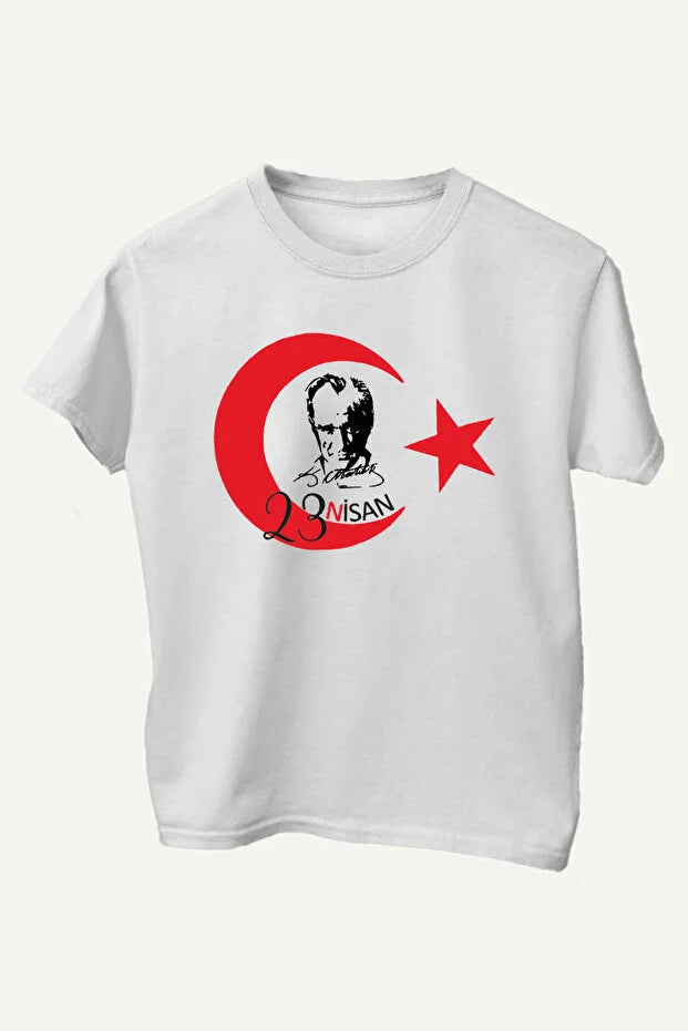 Pamuklu Renkli Atatürk ve Türk Bayrağı Baskılı 23 Nisan 29 Ekim Çocuk Tişört