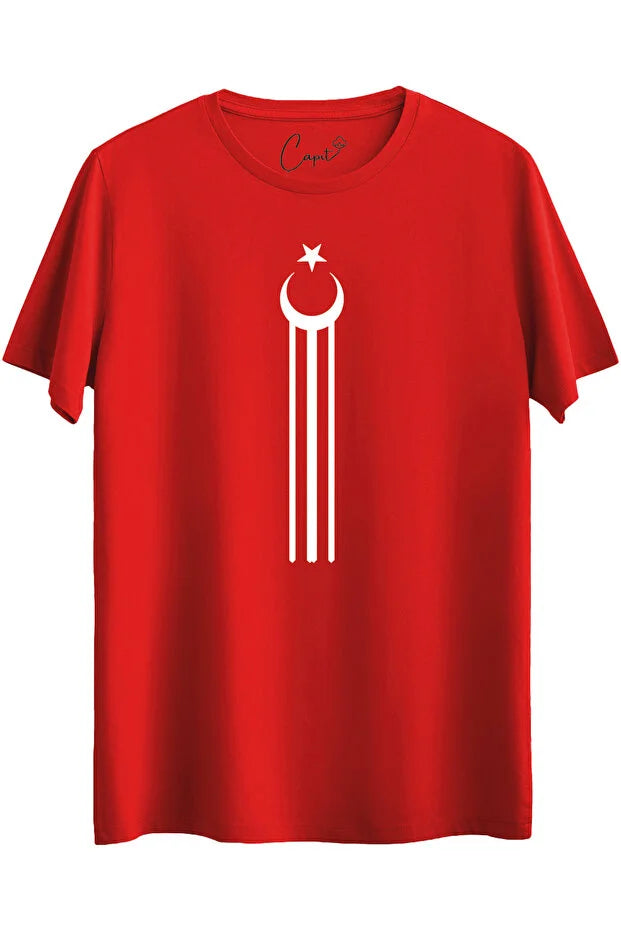 Baumwoll-T-Shirt mit drei Streifen und Halbmond-Stern-Aufdruck – National