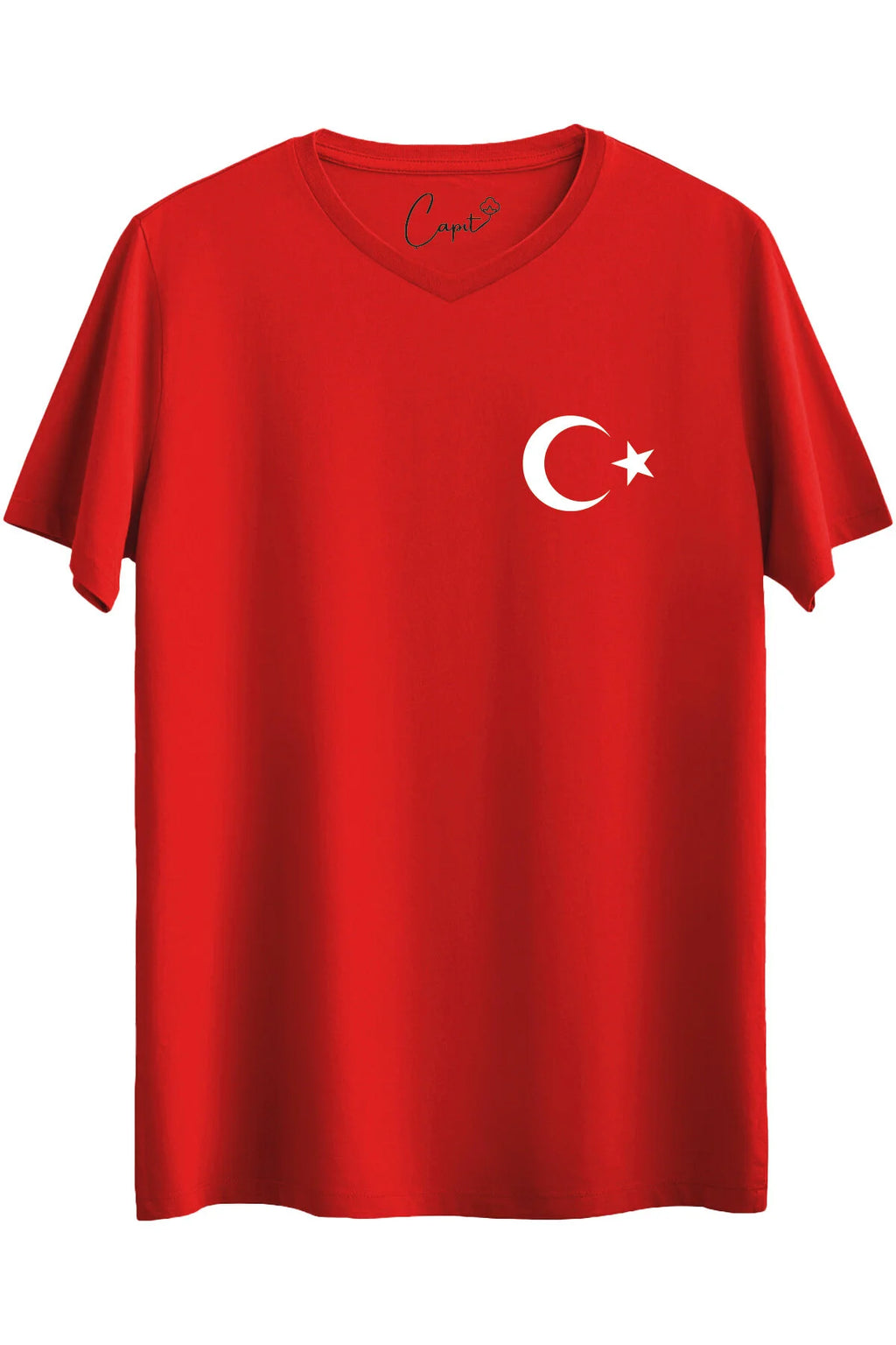 Pamuklu Standart Kesim Milli Takım Forması V Yaka Türkiye Sırt Baskılı Kırmızı Tişört