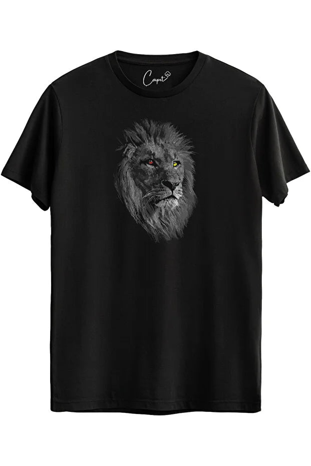 Pamuklu Sarı Kırmızı Aslan Baskılı Siyah Tişört
